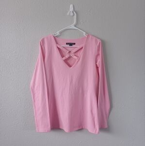 Boston Proper Pink Cut-Out Ring Cross Front Long Sleeve Tee